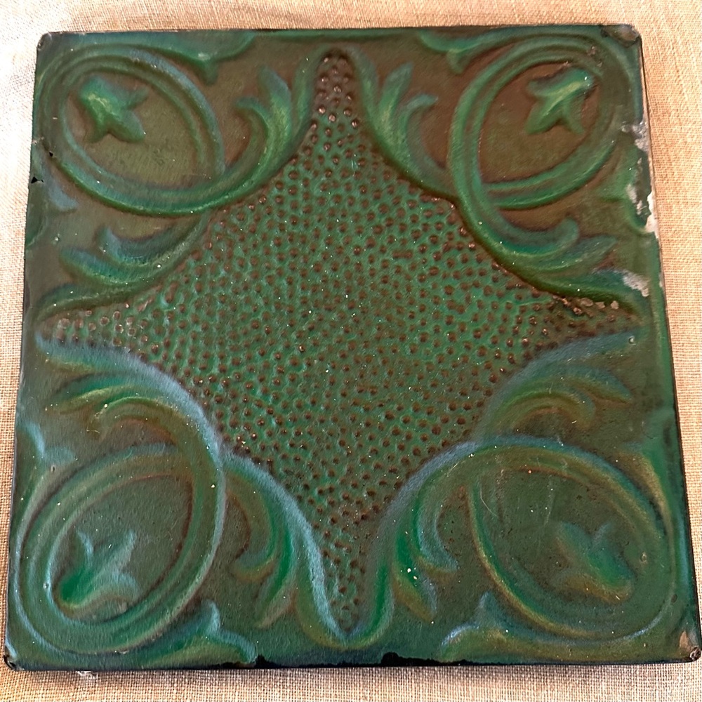 Antique Olde Good Things NYC Tin Metal Ceiling Panel Wall Art Nouveau Green OOAK
